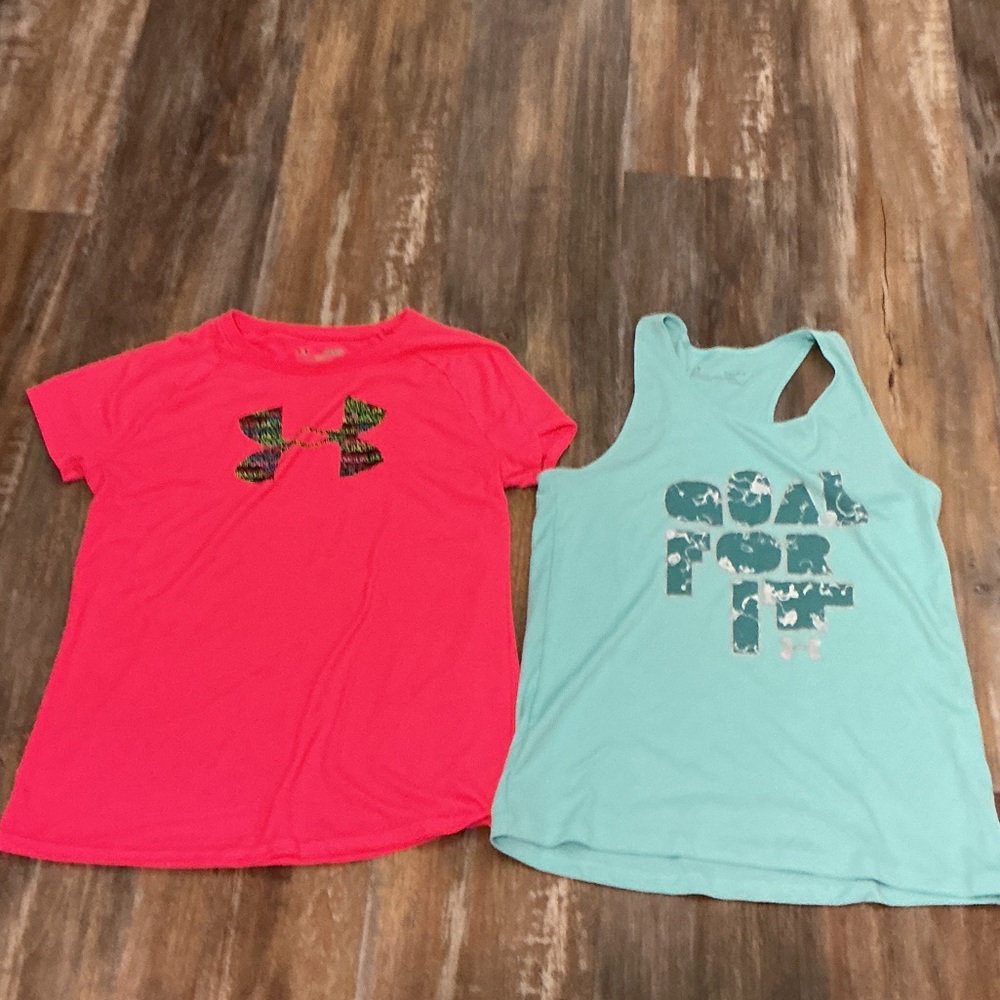 Under Armour Kids Neon Pink Tee and Aqua Tank Set